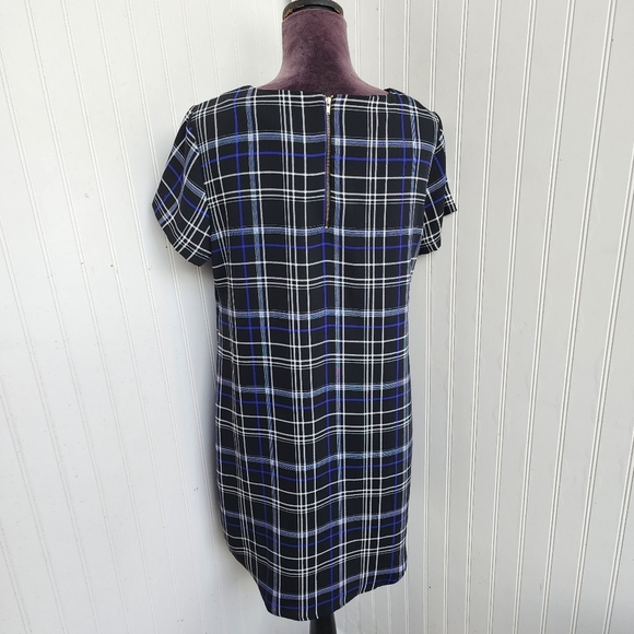 Cynthia Rowley Women Short Sleeve Dress Black Blue Plaid Shift Relaxed Zip Sz 10 - Picture 6 of 13